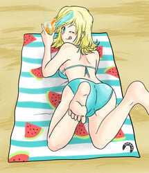 1girls ass back bangs barefoot beach big_ass bikini bikini_bottom bikini_top blonde_hair blue_bikini blue_hair blue_highlights blue_panties blue_swimsuit breasts closed_mouth drink drinking_glass feet female female_focus female_only glass hair_highlights holding_drink kurazao kurazaox large_ass legs looking_at_viewer looking_back lying lying_on_stomach lying_on_towel on_towel one_eye_closed panties sam_sharp sand smile soles solo solo_female solo_focus straw swept_bangs swimsuit swimwear the_loud_house thighs toes tongue tongue_out towel wink