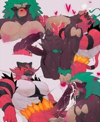 2021 anthro balls bara big_pecs big_penis bodily_fluids brown_body cum duo erection fur genital_fluids genitals green_hair grey_background hair heart hi_res incineroar kd_gai lactating licking male male/male male_lactation male_only muscular muscular_anthro muscular_male nintendo nipple_fetish nipple_pinch nipple_play nipples oral pec_grasp pecs penis pinch pokémon_(species) pokemon red_body red_fur rillaboom simple_background sweat tongue tongue_out video_games