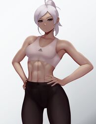 1girls abs adidas blue_eyes clothed female_focus female_only fit fit_female fully_clothed muscular_female rwby short_hair small_breasts solo solo_female white_hair winter_schnee workout_clothes zaki_btw