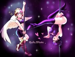 angel bayonetta bayonetta_(character) bayonetta_2 black_hair blue_eyes brown_hair bulge crossdressing crossover femboy glasses high_heels kid_icarus kid_icarus_uprising nintendo pit_(kid_icarus) pole pole_dancing shorts soft_sizzle stripper tank_top wings