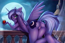 2021 alcohol alicorn anthro anus ass beverage breasts cutie_mark digital_media_(artwork) dock equid equine eyebrows eyelashes female fingers friendship_is_magic full_moon genitals hasbro hi_res horn looking_at_viewer mammal moon my_little_pony night nude pony-way princess_luna_(mlp) pussy redmn solo wine wings