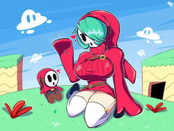 1boy 1girls 2021 artist_name belt breasts clothed clothing cloud dress female full_body garter_straps grass green_hair hair_over_one_eye heart highres hoodie kneeling large_breasts looking_at_another male mario_(series) mask nintendo nrgxer outdoors panties pantyshot pantyshot_(sitting) red_clothing red_dress red_sweater shoes short_dress shy_gal shy_guy signature sitting sky super_mario_bros._2 sweater thick_thighs thighhighs thighs turtleneck turtleneck_sweater underwear white_panties yokozuwari zettai_ryouiki