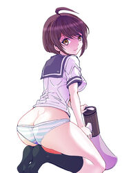 1girls ahoge ass ass_focus background black_stockings brown_hair butt_crack color danganronpa danganronpa_ultra_despair_girls female female_only half-dressed half_naked human humanoid light-skinned_female light_skin megaphone naegi_komaru no_pants no_skirt panties rurukichi short_hair smile smiling smooth_skin stockings striped_panties white_background yellow_eyes