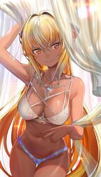 1girls absurd_res bikini blonde_hair breasts cleavage dark-skinned_female dark_elf elf highres hololive hololive_fantasy hololive_japan huge_breasts orange_eyes pointy_ears red_eyes revealing_clothes seicoh shiranui_flare skimpy virtual_youtuber