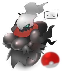 anthro blush crossed_arms dark_body darkrai ebi10000000000 female female_only game_freak nintendo pokémon_(species) pokeball pokemon pokemon_(species) simple_background solo_female symbol tagme text_bubble thick_thighs white_background wide_hips