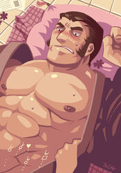 1boy bara bara_tiddies bara_tits blush blush_lines blushing brown_hair gay id_card japanese_text king_of_fighters male male/male male_focus male_nipples male_only maxima_(kof) muscular muscular_male nipples rybiok snk tagme text translation_request undressing yaoi