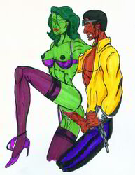 1boy 1girls abs big_breasts bossbeat bra breasts dark-skinned_male dark_skin female green-skinned_female green_hair green_skin high_heels hulk_(series) interracial luke_cage male marvel marvel_comics muscular muscular_female nipples panties_down power_man sex she-hulk stockings straight vaginal_penetration veiny_penis