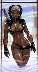 1girls abs bandana bikini black_bra black_panties black_swimsuit bra breasts brown_hair busty cleavage dark-skinned_female dark_skin ear_piercing earrings female female_only fingerless_gloves forehead_protector ganassa gloves headband human karui legs naruto naruto_(series) naruto_shippuden panties red_hair revealing_clothes short_hair side-tie_bikini solo solo_focus swimsuit sword sword_on_back thigh_gap weapon yellow_eyes