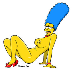 blue_hair breasts curly_hair female female_only high_heels huge_eyes human marge_simpson matt_groening_(style) milf morganza mostly_nude necklace side_view solo the_simpsons toony white_background