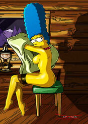 ass breasts clothes color darkmatter female female_only human indoors marge_simpson nude playboy side_view sitting solo tagme the_simpsons