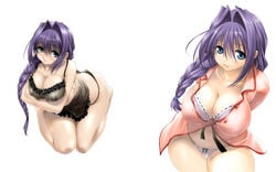 akiko_minase babydoll blue_eyes blush braid breasts cleavage curvy frills hair_intakes highres kanon kneeling lace large_breasts lingerie long_hair looking_up milf minase_akiko mitarashi_kousei nipples panties payot photoshop purple_hair see-through simple_background thong underwear wallpaper