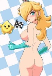 ambiguous_gender ass back_view breasts checkered_flag female gloves human looking_back luma mario_(series) mario_kart mostly_nude nintendo nude pale_skin princess_rosalina sigurdhosenfeld solo_focus straight_hair tagme thumbs_up