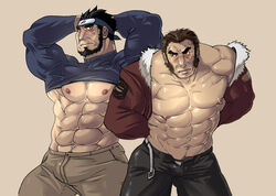 2boys bara brown_background bulge flaccid gay king_of_fighters light_brown_background male male_only maxima_(kof) naruto naruto_(series) pastel_background rybiok sarutobi_asuma snk source_request tagme yaoi