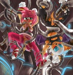 amy_rose anal anal_penetration anthro bondage closed_eyes color double_penetration female female_only forced fur hedgehog mammal monster oil open_mouth pink_hair pussy rape robot rouge_the_bat sex short_hair sonic_(series) sonic_riders syberfox tentacle tentacle_sex torn_clothes uncensored vaginal_penetration