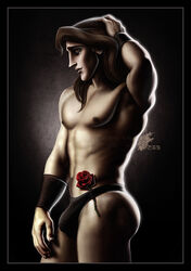 1boy ass beast_(disney) beauty_and_the_beast black_hair black_hair_bottom black_underwear blue_eyes bracer brown_hair brown_nipples bulge closed_mouth clothing cowboy_shot crotch_bulge disney domination flower gay hair hand_on_head human kawena light_hair_on_dark_hair male male_only nipples pecs pinup pose prince_adam_(disney) raised_arm realistic red_hair red_hair_on_black_hair red_hair_top rose side_view skimpy_clothes smile solo standing topless underwear