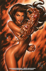 armando_huerta breasts brown_hair brown_nipples brown_skin female female_only hair lipstick long_hair looking_at_viewer makeup nipples open_eyes orange_eyes pubic_hair sara_pezzini side_view solo standing tagme witchblade