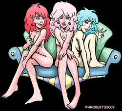 2009 3girls aja_leith alter-ego aroberts blue_eyes blue_hair breast_fondling earrings eyeshadow female incest jem_and_the_holograms jerrica_benton kimber_benton makeup multiple_girls nude pink_hair pink_lipstick red_hair sisters sitting teal_hair