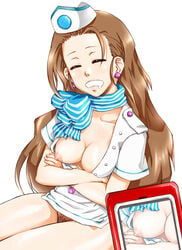 ace_attorney breast_slip breasts brown_hair cammy_meele capcom cellphone closed_eyes crossed_arms down_blouse drooling earrings flight_attendant gyakuten_kenji gyakuten_saiban jewelry large_breasts long_hair nipple_slip nipples no_bra no_panties one_breast_out open_clothes open_shirt phone pubic_hair saliva sato_iori scarf shirt sleeping stewardess stewardess_uniform uniform wardrobe_malfunction white_background