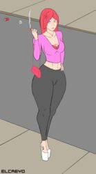 abs big_breasts blue_eyes cameltoe cigarette elcreyo flat_colors hand_on_hip high_heels makeup mature_female milf necklace original original_character platform_heels purse red_hair skin_tight skintight smoking tattoo tattoos trash wide_hips wide_shoulders