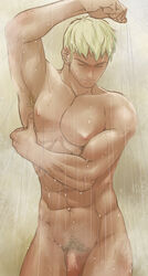 1boy abs arm_over_head armpit_hair axis_powers_hetalia blonde germany_(hetalia) ludwig_weillschmidt male_only muscular penis_peek pubic_hair shower tagme washing