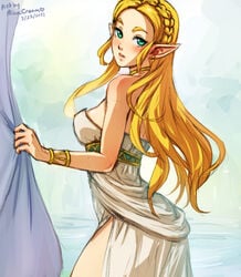 1girls armband blonde_hair blush breath_of_the_wild demigoddess earrings female female_only fully_clothed long_hair minacream neckband nintendo pointy_ears princess princess_zelda royalty solo the_legend_of_zelda white_dress zelda's_ceremonial_robes zelda_(breath_of_the_wild)