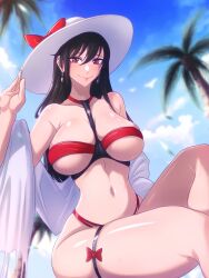 1girls beach beach_hat belly_button big_breasts bikini black_hair breasts female female_only long_hair looking_at_viewer opalisart palm_tree red_eyes skimpy skimpy_bikini sky smile solo spy_x_family thick_thighs underboob yor_briar yor_forger