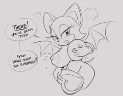 angry anthro breasts chiropteran clothed clothing english_text eyelashes fingers gloves hair half-closed_eyes holding monochrome nipples rouge_the_bat shortstack sonic_(series) squidapple text thick_thighs wings