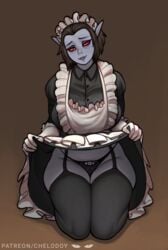 1girls big_breasts black_hair breasts chelodoy dark_elf dunmer garter_straps grey_skin large_breasts looking_at_viewer maid maid_headdress maid_uniform panties red_eyes short_hair skirt_lift solo stockings the_elder_scrolls thick_thighs thighhighs wide_hips