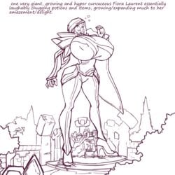 1girls big_breasts black_and_white breasts breasts_bigger_than_head cleavage female female_only fiora_laurent giantess growth heart high_heels huge_breasts league_of_legends macro monochrome n647 nipple_bulge nipples_visible_through_clothing potion riot_games short_hair sketch smile smiling solo summoner's_rift thin_waist voluptuous wide_hips