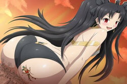 black_hair butt_crush butt_squish buttcrush_aftermath color destruction fate/grand_order fate_(series) giantess huge_ass ishtar_(fate) larger_female looking_back macro open_mouth quetzalcoatl_(fate) red_eyes size_difference smaller_female smile stuck_to_ass stuck_to_butt thedaibijin twintails