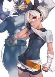 1girls abs ataruman bea_(pokemon) blue_eyes bodysuit breasts clothed gauze gray_hair machamp muscular nintendo pokemon pokemon_(species) pokemon_ss shorts sweat tan_skin toned wiping