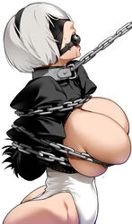 1girls android arms_behind_back bakkanki ball_gag bdsm big_ass big_breasts blindfold bondage bound bound_arms chain_leash chains cleavage collar drooling female female_only femsub gag gagged huge_breasts leash leotard nier:_automata sex_slave slave submissive submissive_female sweat sweatdrop white_hair yorha_2b