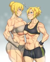 2girls abs artoria_pendragon artoria_pendragon_(lancer) asymmetrical_docking blonde_hair blue_eyes breast_press fate/grand_order fate_(series) female female_focus female_only gradient_background hair_ornament hand_on_hip human human_female human_focus humanoid large_breasts mordred_(fate) mother_and_daughter multiple_girls muscular muscular_female natedecock sarashi side_view sideboob size_difference sports_bra sportswear steam tagme