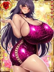 1girls ass_in_dress big_breasts black_hair blush breasts busty dress fingernails gigantic_breasts huge_breasts immoral_advent_devilcarnival large_breasts leopard_dress leopard_print light-skinned_female light_skin massive_breasts mikan_(5555) nipples nipples_visible_through_clothing overflowing_breasts painted_nails red_eyes solo