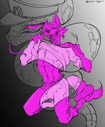 2021 abs anthro beastars bottomwear bulge canid canine canis clothed clothing coiling duo erection erection_under_clothing eyelashes female feral footwear forked_tongue genital_outline gradient_background grey_background hat headgear headwear hi_res kneeling legoshi_(beastars) male mammal muscular muscular_anthro muscular_male navel open_mouth pants penis_outline pit_viper raised_clothing raised_shirt raised_topwear rattlesnake reptile rokume_(beastars) sandals scalie shirt simple_background snake tongue tongue_out topwear translucent wolf yuzuki_fang111