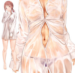 bare_legs barefoot breasts brown_hair buttons closed_mouth commentary_request covered_erect_nipples eyebrows_visible_through_hair female hand_to_own_mouth head_tilt idolmaster idolmaster_cinderella_girls irohakaede long_sleeves looking_at_viewer medium_breasts mifune_miyu multiple_views nail_polish navel no_bra panties pink_nails ponytail purple_panties see-through shirt side-tie_panties sleeves_past_wrists standing unbuttoned underwear wet wet_clothes wet_shirt white_shirt