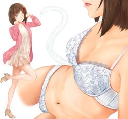 ;) bare_legs bra breasts brown_hair cat_tail cleavage dress female flower green_eyes hair_flower hair_ornament head_out_of_frame high_heels idolmaster idolmaster_cinderella_girls irohakaede lips long_sleeves looking_at_viewer maekawa_miku medium_breasts multiple_views navel oerba_yun_fang one_eye_closed panties parted_lips paw_print short_dress short_hair sleeves_past_wrists smile standing standing_on_one_leg tail underwear white_bra white_dress white_panties