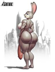 anthro ass balls big_breasts big_butt big_penis breasts disney flaccid foreskin fur futanari genitals grey_body grey_fur gynomorph hi_res huge_butt humanoid_genitalia humanoid_penis intersex judy_hopps lagomorph large_breasts leporid looking_at_viewer looking_back mammal muscular muscular_gynomorph muscular_intersex nude open_mouth penis pirin-apex purple_eyes rabbit rear_view simple_background solo standing thick_thighs tight_foreskin zootopia