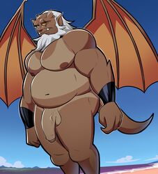 anthro balls beard belly brown_body brown_skin disney elfein facial_hair gargoyle gargoyles genitals hi_res hudson_(gargoyles) humanoid_genitalia humanoid_penis male male_only nipples penis solo suntan tan_line tanline wings