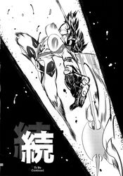 axe big_breasts bodysuit doujinshi drill_jiru dynamic_pose fight getter_robo long_hair monochrome no_bra ponytail rule_63 ryoma_nagare scarf text thick_thighs to_be_continued wide_hips