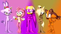 3d amy_rose anthro avian badger beak bird blaze_the_cat blonde_hair blue_eyes breasts brown_body brown_hair domestic_cat eyelashes fingers furry gloves green_eyes half-closed_eyes hedgehog idw_comics idw_publishing mobian_(species) orange_body orange_hair pink_hair ponytail purple_body purple_hair pussy rarequinez sega sonic_(series) sonic_boom sonic_riders sonic_the_hedgehog_(comics) sonic_the_hedgehog_(idw) sonic_the_hedgehog_(series) standing sticks_the_badger sticks_the_jungle_badger sticks_the_tejon wave_the_swallow whisper_the_wolf wolf yellow_eyes