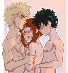 1girls 2boys blush female freckles izuku_midoriya katsuki_bakugou male male/female/male mfm mmf_threesome my_hero_academia nude nude_female nude_male ochako_uraraka sandwich_position sandwiched tagme threesome