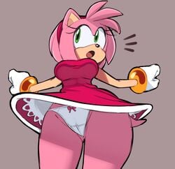 :o amy_rose anthro bow_panties dress eyelashes female fingers green_eyes hedgehog open_mouth panties pink_body pink_hair shocked sonic_(series) squidapple standing tan_body underwear upskirt white_panties