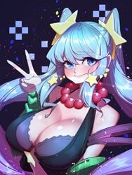 arcade_series arcade_sona blue_eyes blue_hair blush breasts female huge_breasts league_of_legends peace_sign sona_buvelle tied_hair yabby