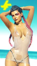 1girls 3d apex_legends beach blue_sky breasts cleavage dark-skinned_female female hands_behind_head italessio27 lipstick loba_(apex_legends) medium_breasts nipples ocean outdoor outdoors pearl_thong pinup pinup_pose posing see-through shiny_skin solo wet_clothes wet_shirt