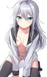 blue_eyes hibiki_(kantai_collection) kantai_collection long_hair looking_at_viewer open_shirt panties sitting thighhighs verniy_(kantai_collection) white_hair