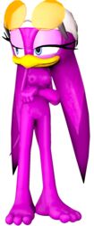 3_toes 3d 5_fingers anthro avian beak bird breasts crossed_arms eyelashes fingers half-closed_eyes nipples purple_hair pussy rarequinez sonic_(series) sonic_riders swallow swallow_(bird) toes wave_the_swallow yellow_beak