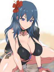 alternate_costume bikini black_bikini black_swimsuit blue_eyes byleth_(fire_emblem) byleth_(fire_emblem)_(female) byleth_(summer)_(fire_emblem)_(female) cleavage fire_emblem fire_emblem:_three_houses fire_emblem_heroes hair_flower heavy_breathing large_breasts long_hair looking_down nintendo on_top squatting swimsuit teal_hair u2_(user_pupx8327)