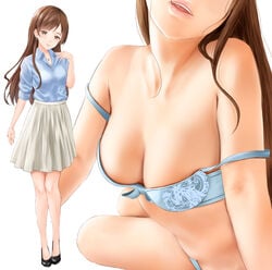 black_footwear blue_bra blue_panties blue_shirt bra breasts brown_eyes brown_hair buttons cleavage collared_shirt commentary_request earrings eyebrows_visible_through_hair female grey_skirt hand_on_own_chest high-waist_skirt high_heels idolmaster idolmaster_cinderella_girls irohakaede jewelry long_hair looking_at_viewer medium_breasts multiple_views necklace nitta_minami open_mouth panties shirt shoes simple_background skirt standing strap_slip underwear underwear_only white_background