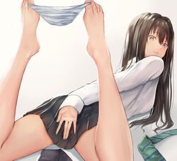 bangs bare_legs barefoot between_toes black_skirt blush breasts brown_hair covering covering_ass eyebrows_visible_through_hair feet female female_focus fingernails green_eyes hair_intakes holding holding_with_feet idolmaster idolmaster_cinderella_girls irohakaede long_hair long_sleeves looking_at_viewer looking_back lying medium_breasts necktie necktie_removed on_stomach panties panties_removed parted_lips pleated_skirt school_uniform shibuya_rin shirt skirt solo spread_legs toenails toes underwear white_panties white_shirt